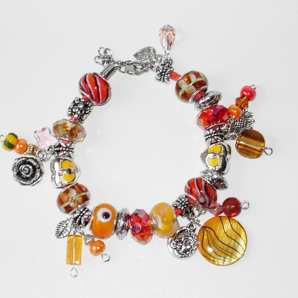 Orange lampwork, leather bracelet 7.5"+ (#305)